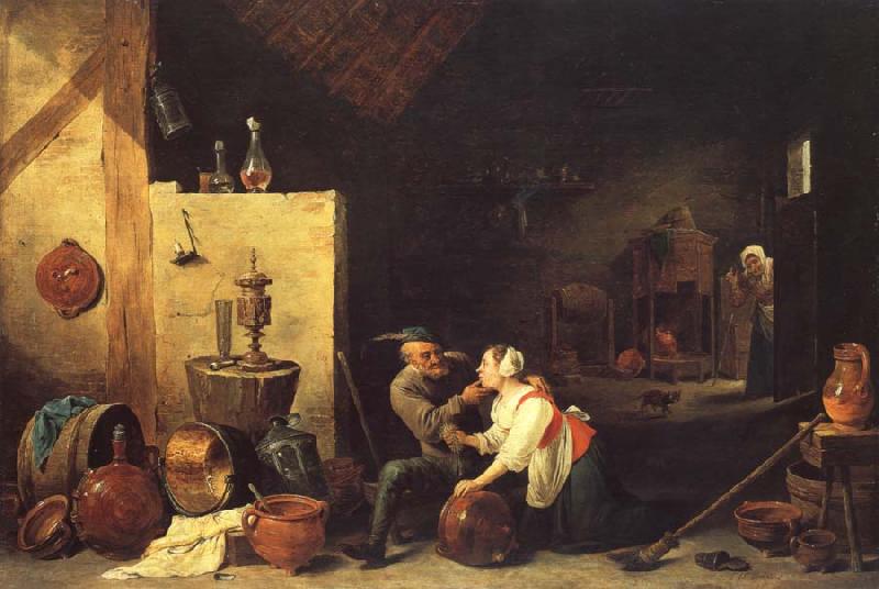 David Teniers An Old Peasant Caresses a Kitchen Maid in a Stable